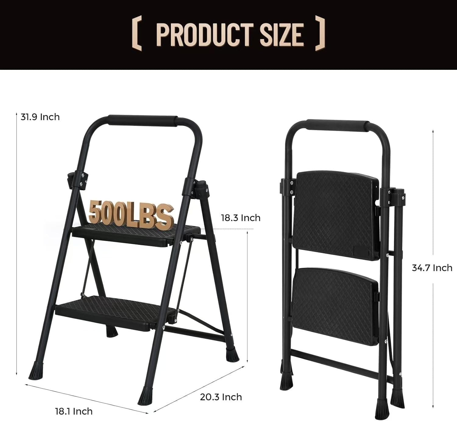 Step Ladder 2 Folding Stool for Adults 500lbs 2-Step, Black  3