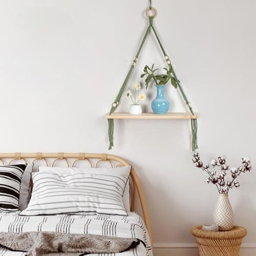  Green Macrame Wall Hanging Shelf, Boho Macrame Wall Decor for Green Brown 5