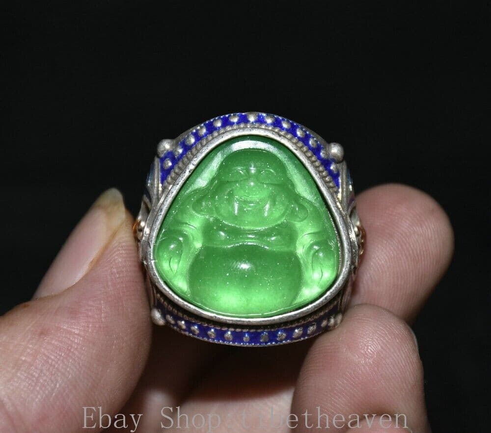 1.4" Old Chinese Silver inlay Green Gems Cloisonné Maitreya Buddha Finger Ring
