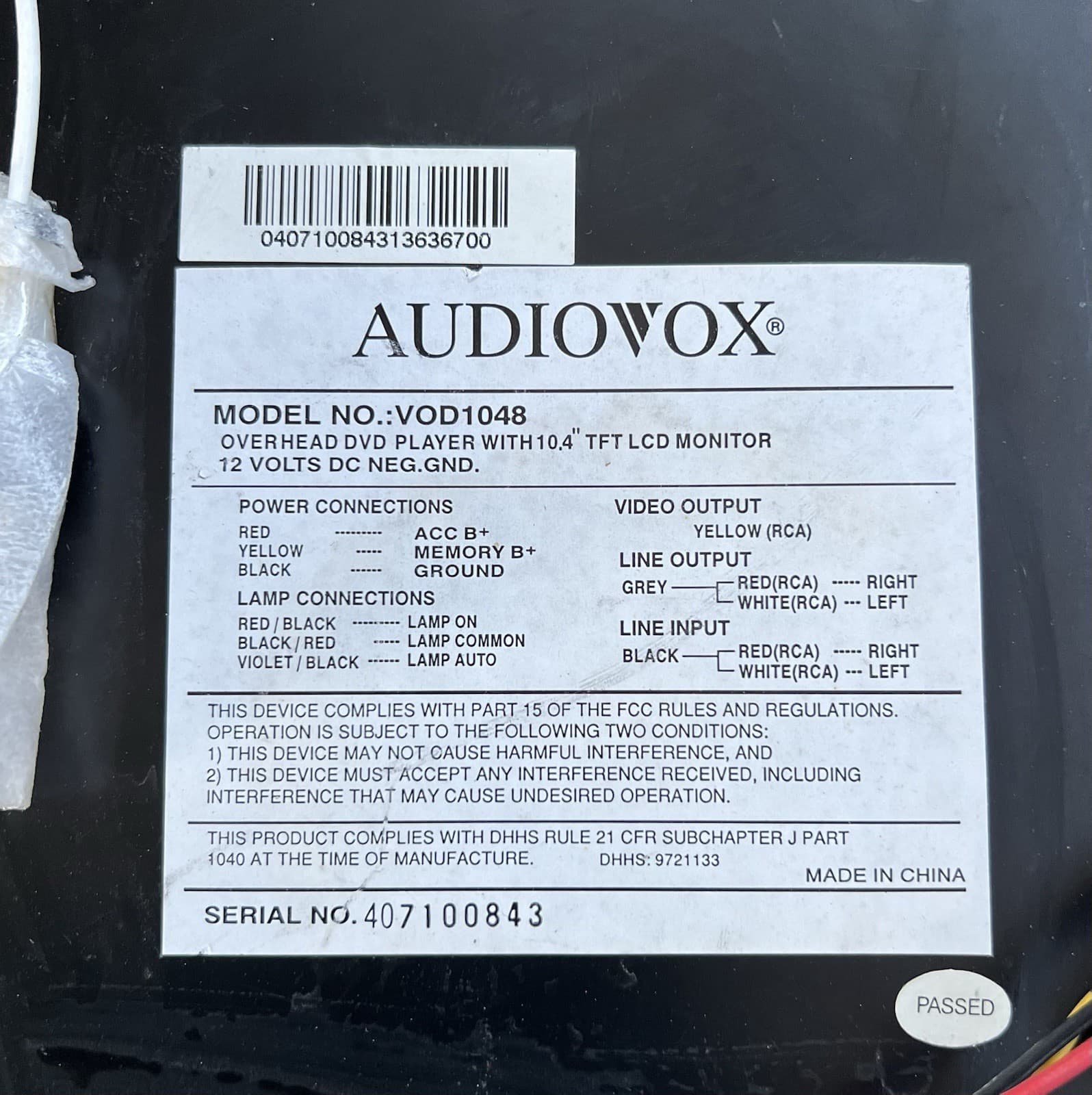 Audiovox VOD1048 10” Overhead Monitor And Dvd Player Universal 5