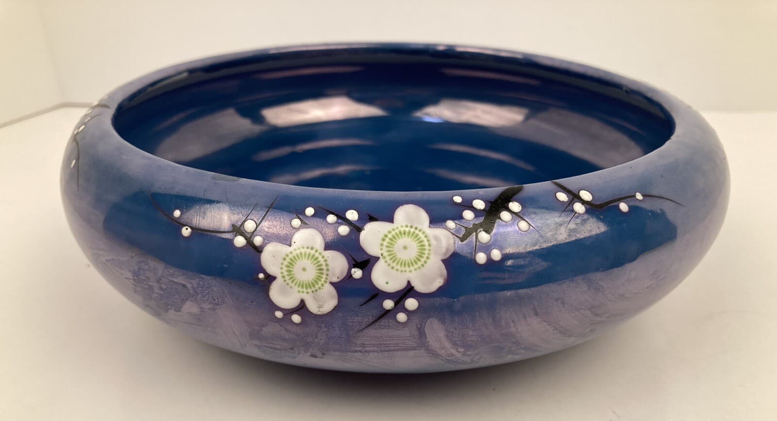 Japanese Shallow Pottery Bowl Blue Opalescent No Chips Flowers 8.5"AcrossX2.5" 4