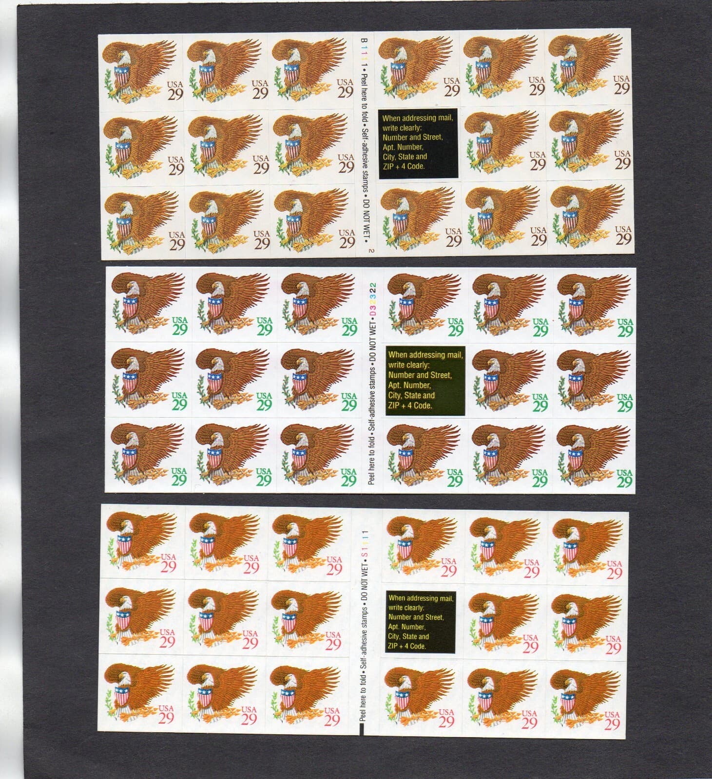 SET OF 3 U.S. BKLT PANES SCOTT#2595a,#2596a,#2597a 1992 29ct EAGLE &SHIELD MNH