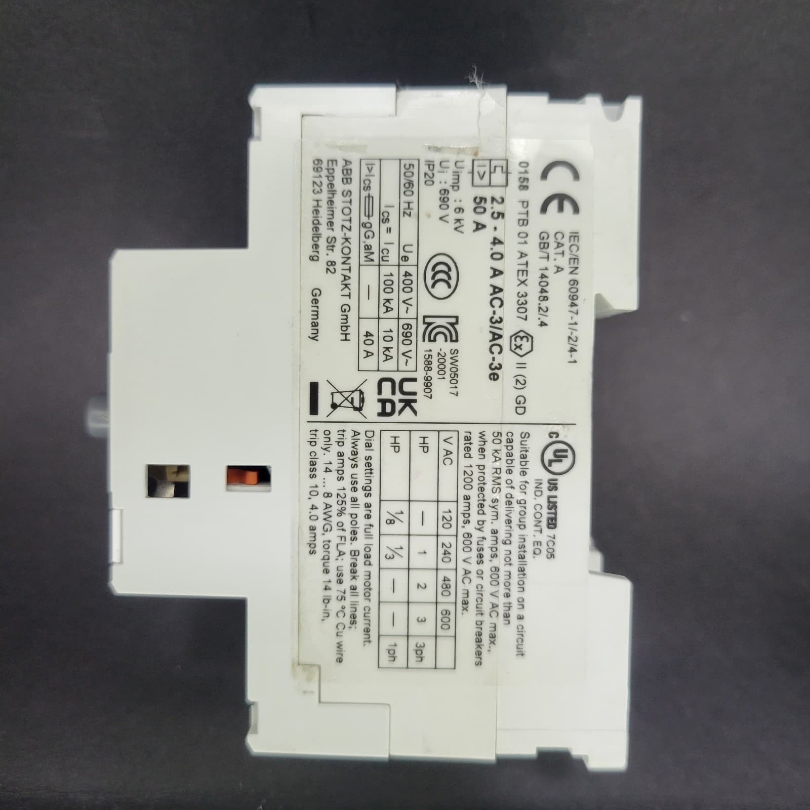 ABB 2.5 - 4.0 AMP Manual Motor Starter 690 VAC MS325 3