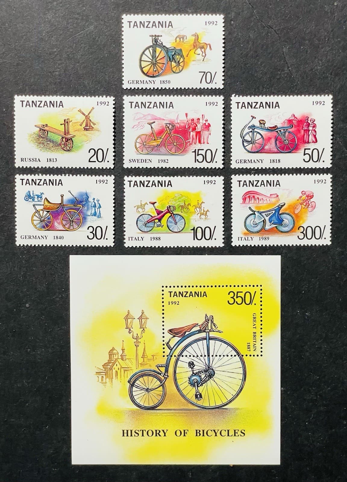 TANZANIA BICYCLES STAMPS SET OF 7 + S/S 1992 MNH BICYCLE BIKE HORSE WINDMILL