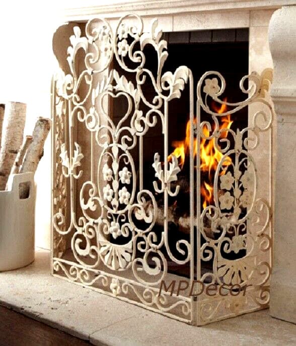 Ornate Scroll Floral Antique White Fire Screen French Country Fireplace Screen 2