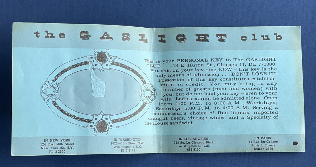 VTG GASLIGHT CLUB KEY CARD RULES (no Key) PARIS-NYC-CHGO-LA-DC 5