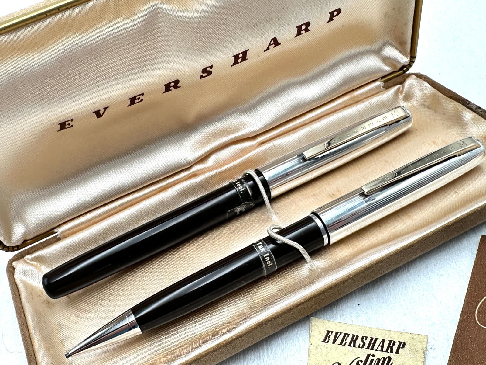 c1957 NOS? EVERSHARP VENTURA STERLING SILVER & BROWN FOUNTAIN PEN PENCIL SET 14K 2