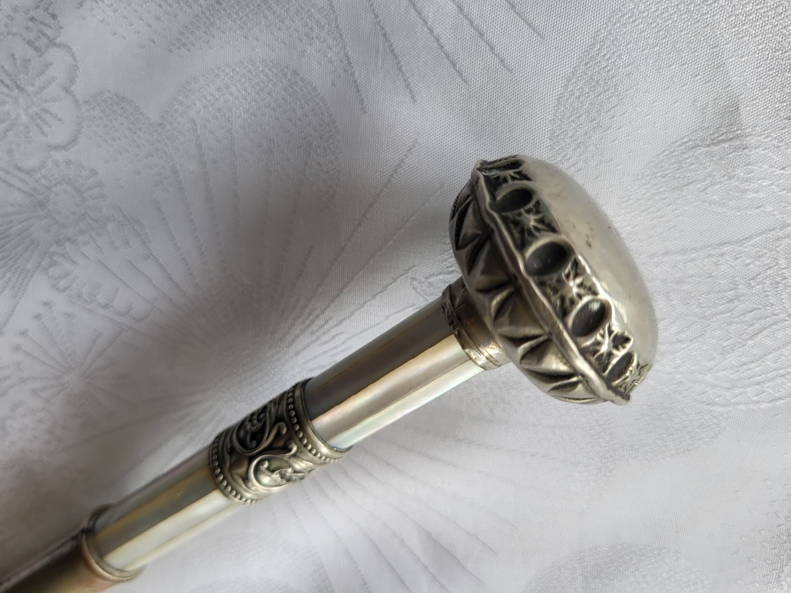 Antique Victorian German Silver Umbrella Parasol Cane Handle w Mother Of Pearl 4