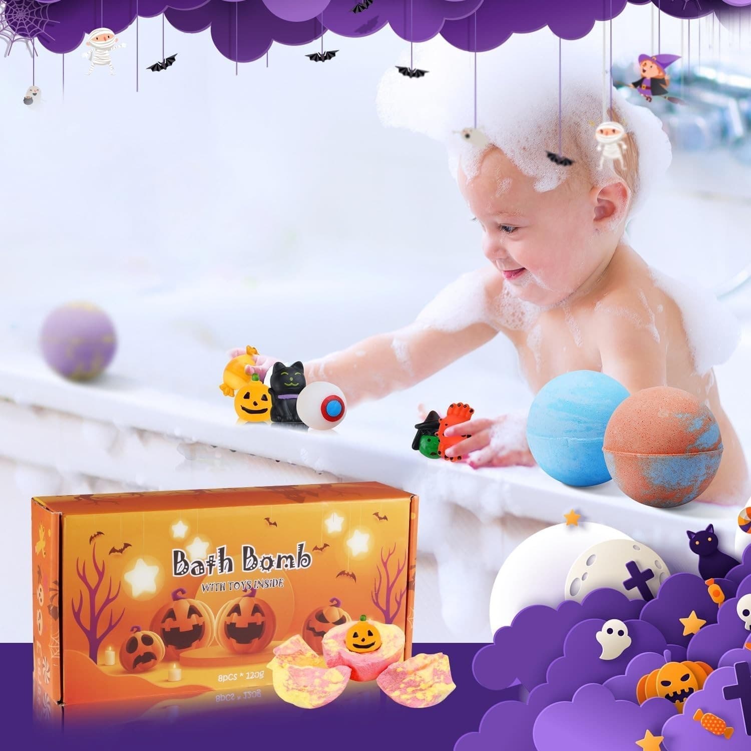 8 Pack Halloween Bath Bomb Set with Halloween Squishy Toys Inside for Kids 6