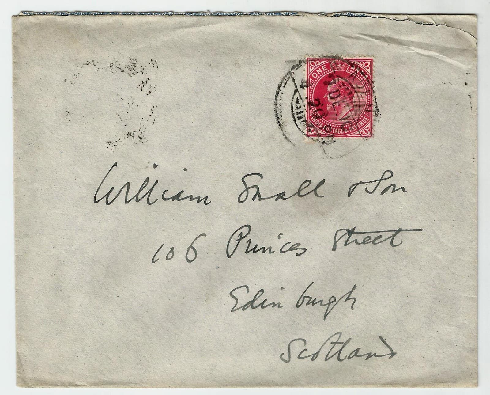Aden Yemen India used in 1910 cover sent to Scotland with 'Edinburgh' arrival ma