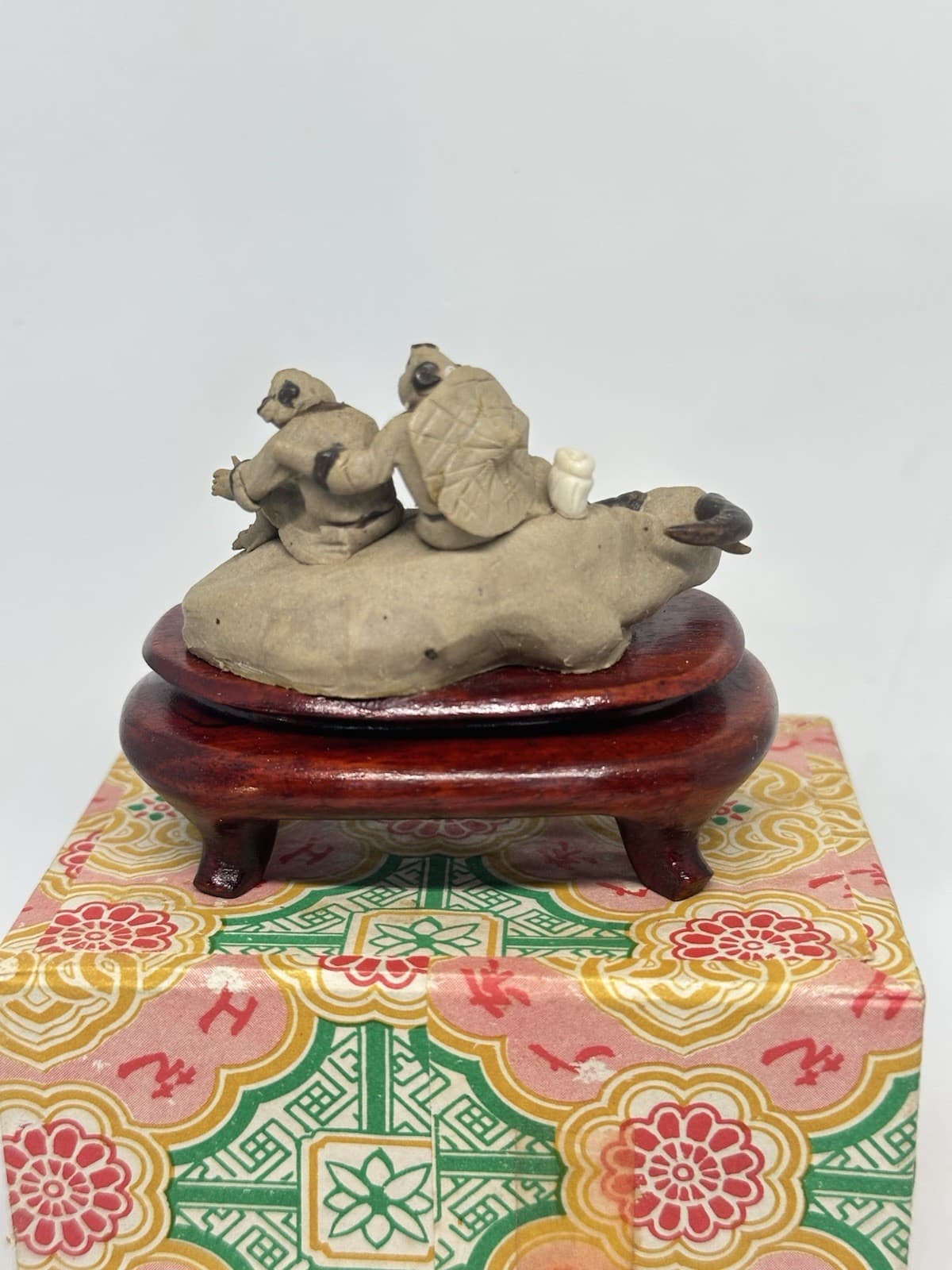 Chinese Miniature Mud Men Two Men on Ox on Base Boxed READ 6