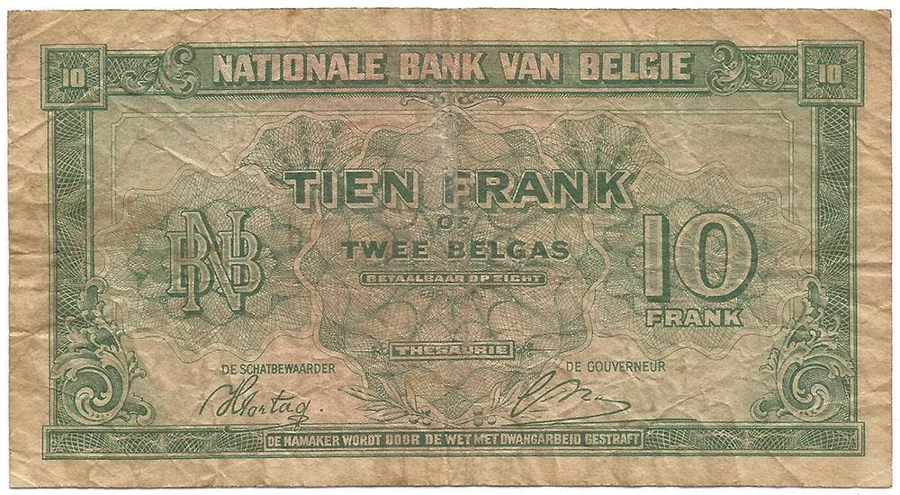 1943 WORLD WAR II Belgium KINGDOM IN EXILE (London) "10 Francs or 2 Belgas" NOTE 3
