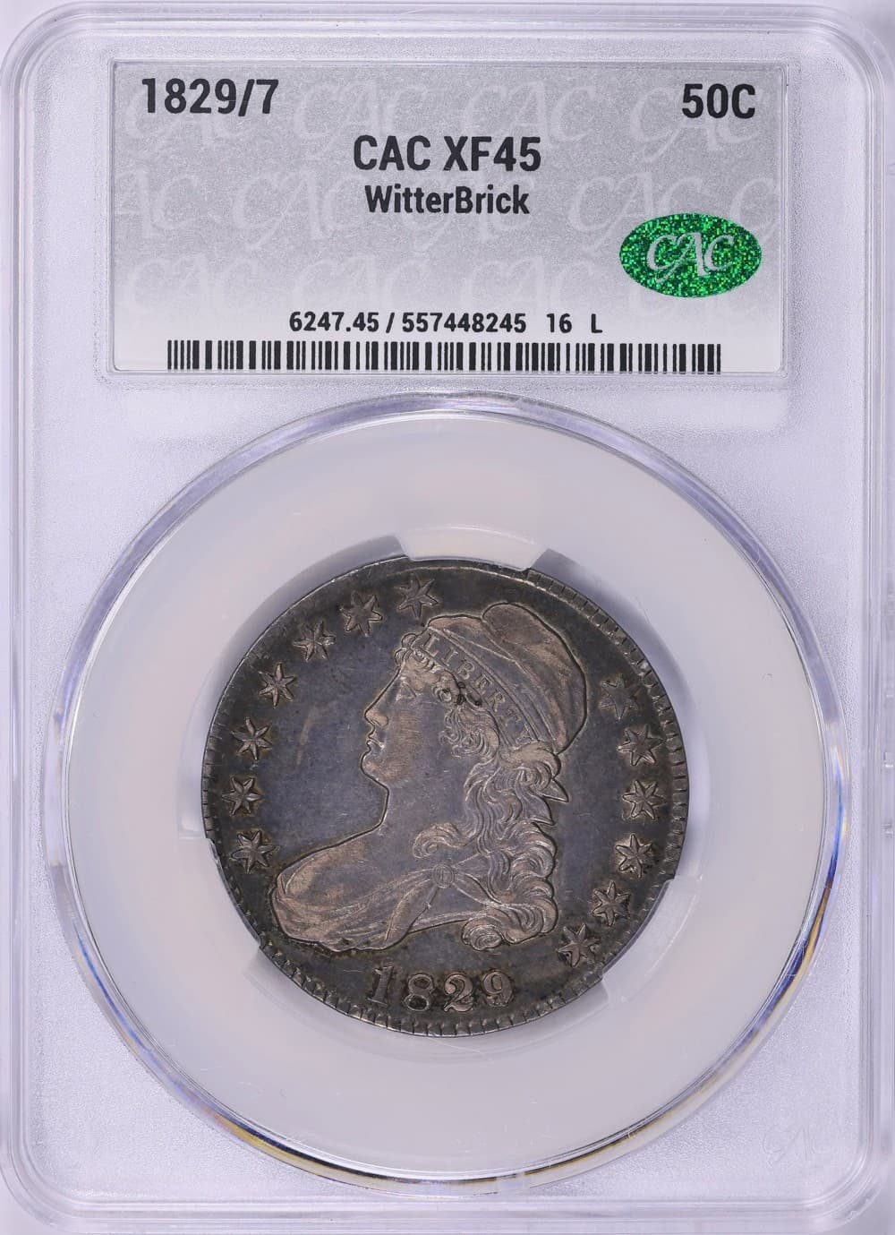 1829/7 50C  Capped Bust Half Dollar , XF45 CAC, WitterBrick, AUTO  CAC Cofounder