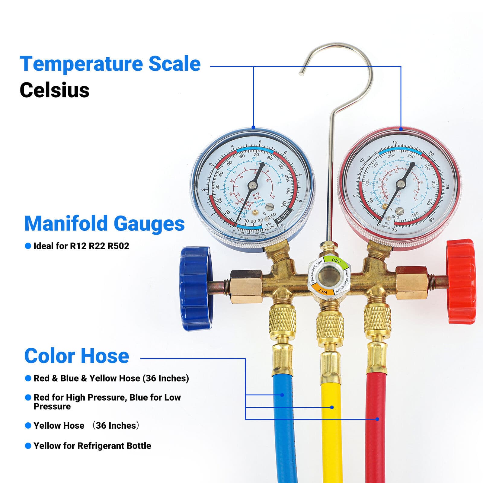 Air Conditioner Manifold Gauge Set AC A/C Charging Hose Air HVAC Kit For Car 3
