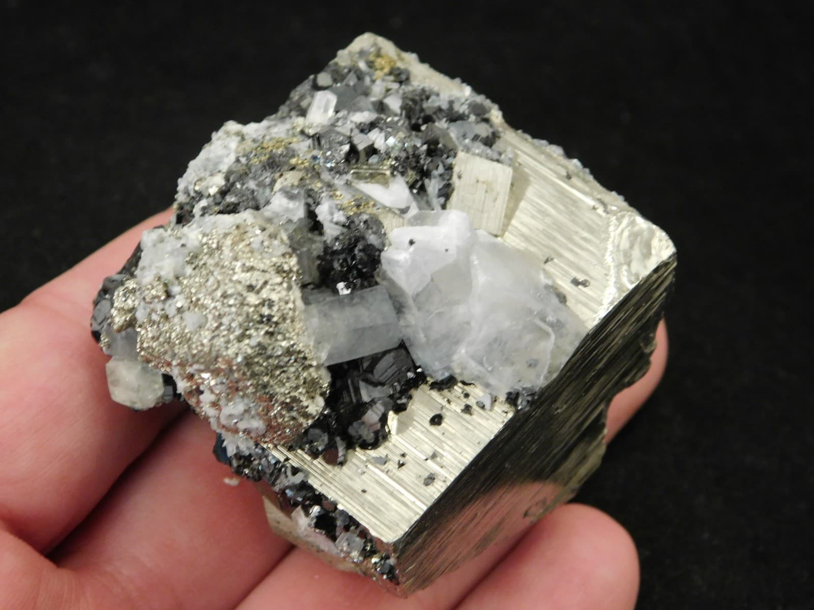 PYRITE Crystal CUBE With a FLUORESCENT Calcite Crystal and Sphalerite 260gr 5