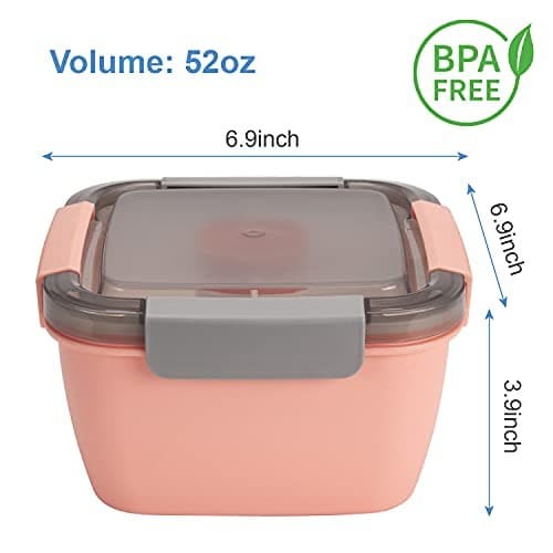  Salad Lunch Containers To Go, 2 Pack 52-oz Bowls with 3 Pink+Green 5