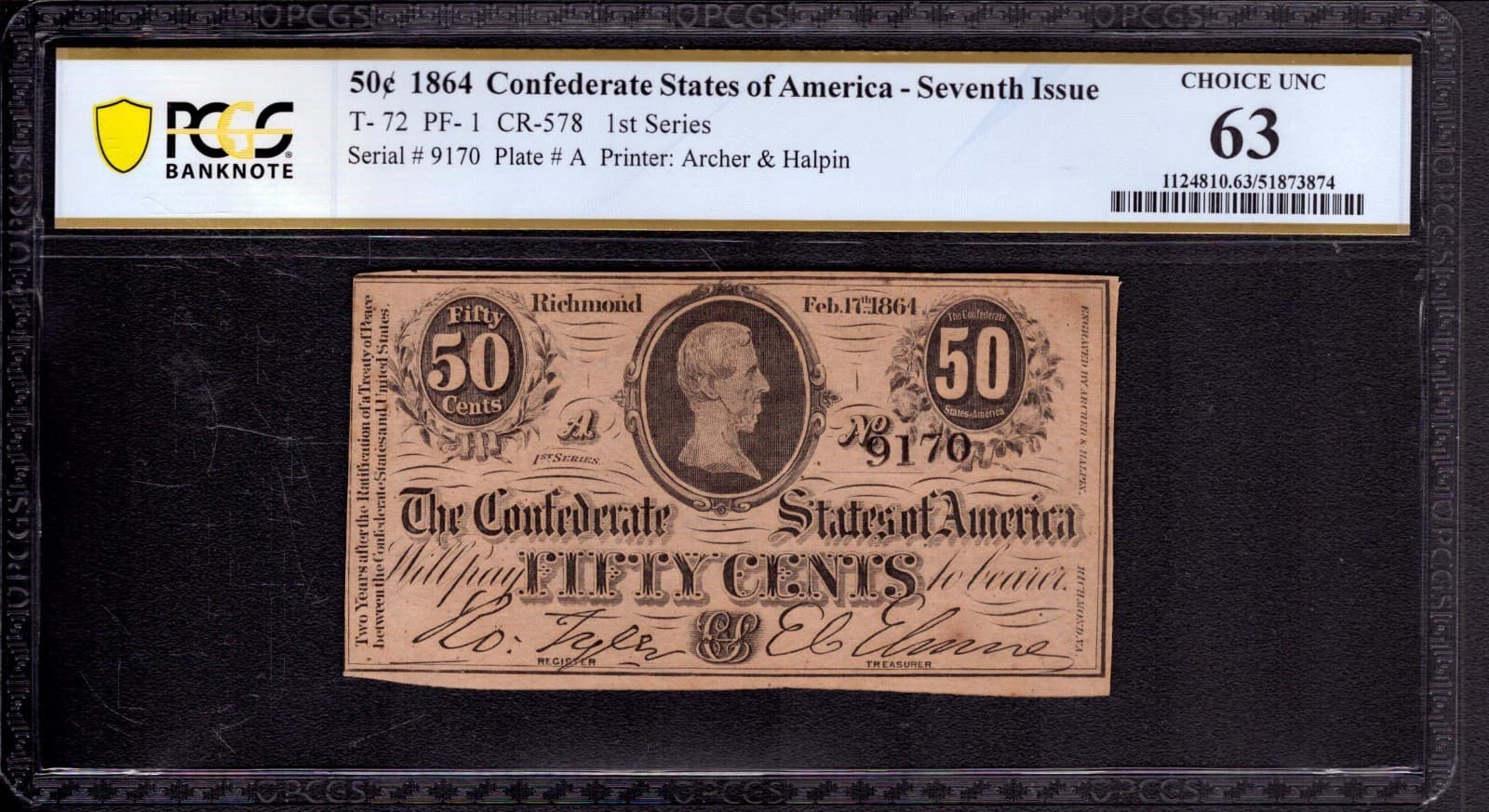 1864 50c CENT CONFEDERATE STATES OF AMERICA NOTE T-72 PF-1 PCGS B CU 63