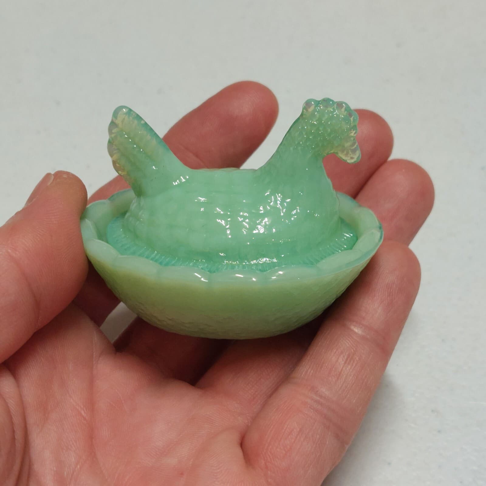 Vintage Hen On Nest Chicken Salt Cellar Dish, Jadeite Depression Style Glass