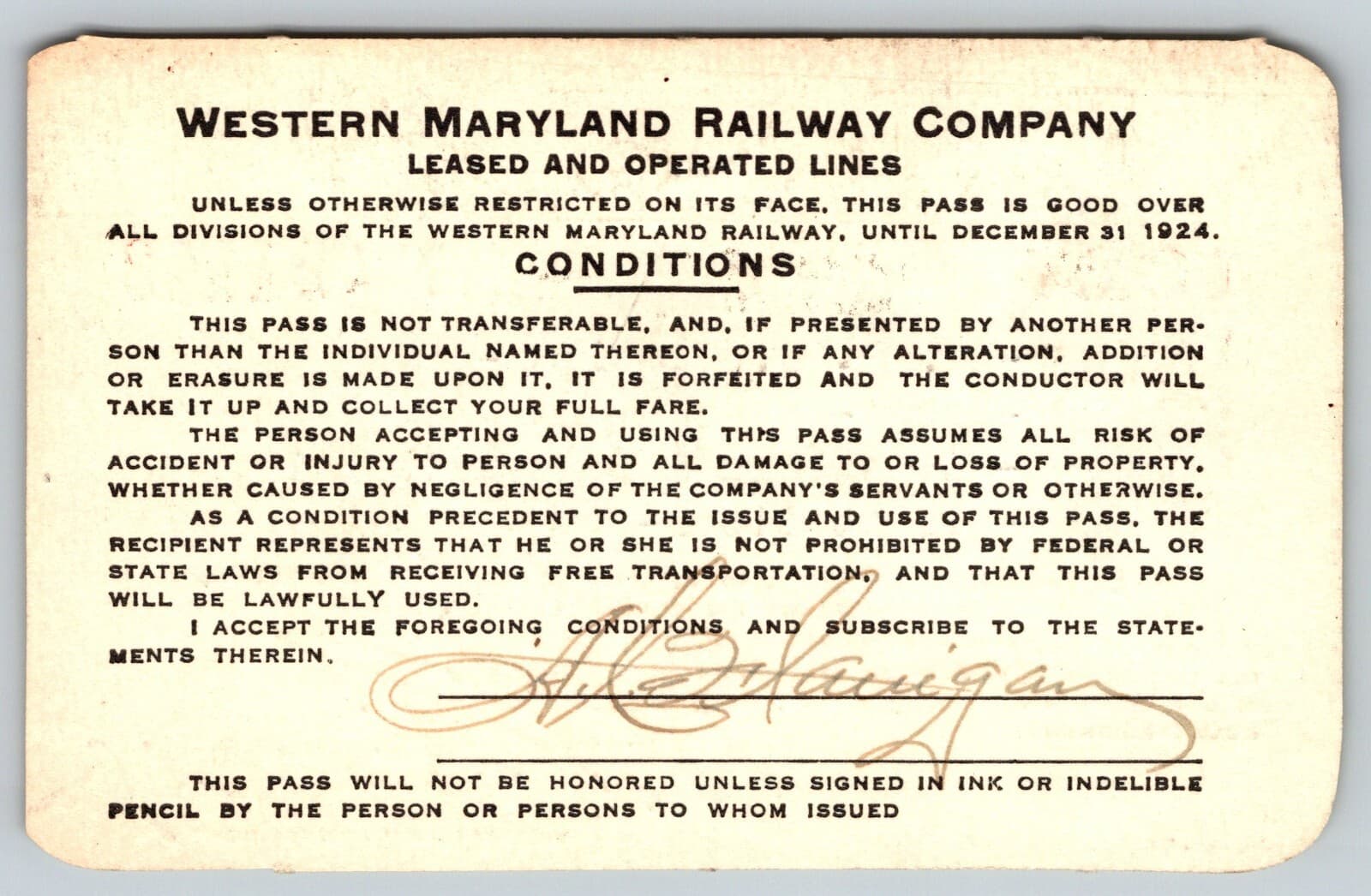 1924 Western Maryland Railway / P&LE  Employee "Flanigan" Yearly Railroad Pass 2