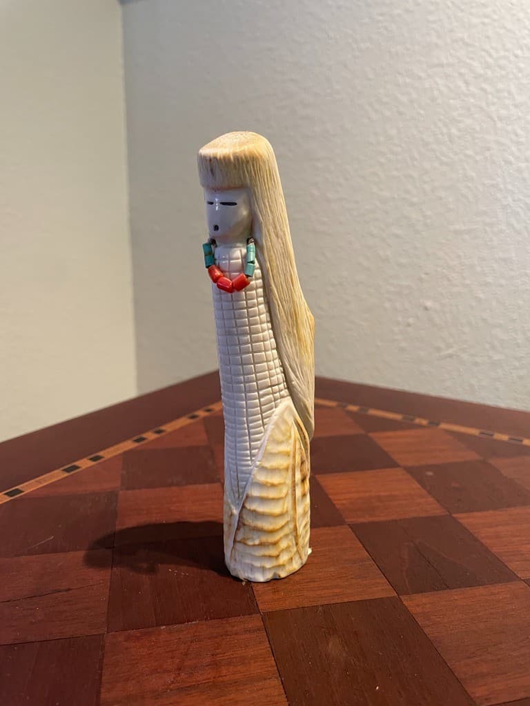 Zuni Corn Maiden Fetish by Marcus Panteah – Antler w/ Turquoise & Coral Necklace