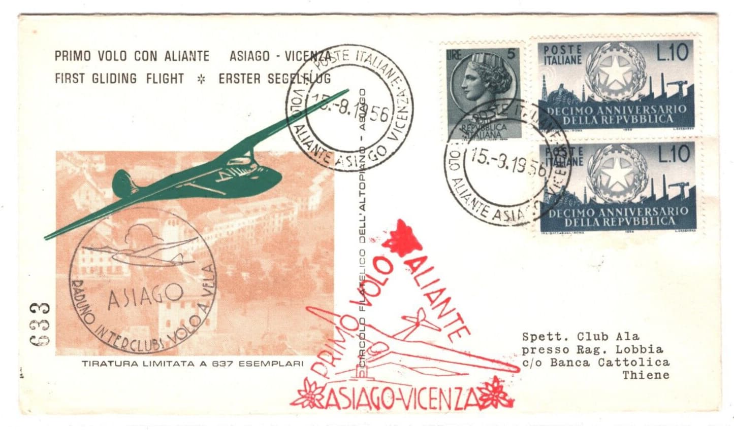ITALY Air Mail 1956 Cover GLIDER FIRST FLIGHT Asiago Vicenza {samwells}MA418 2