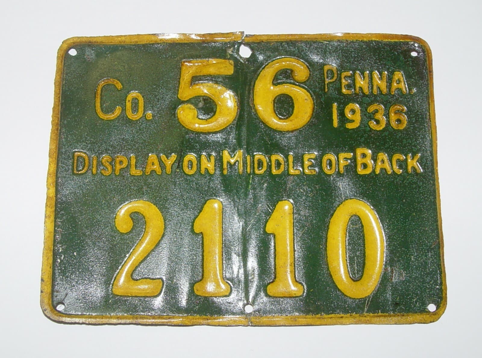 1936 PA Pennsylvania Hunting License Somerset Co 56 Antique Advertising Tin Tag