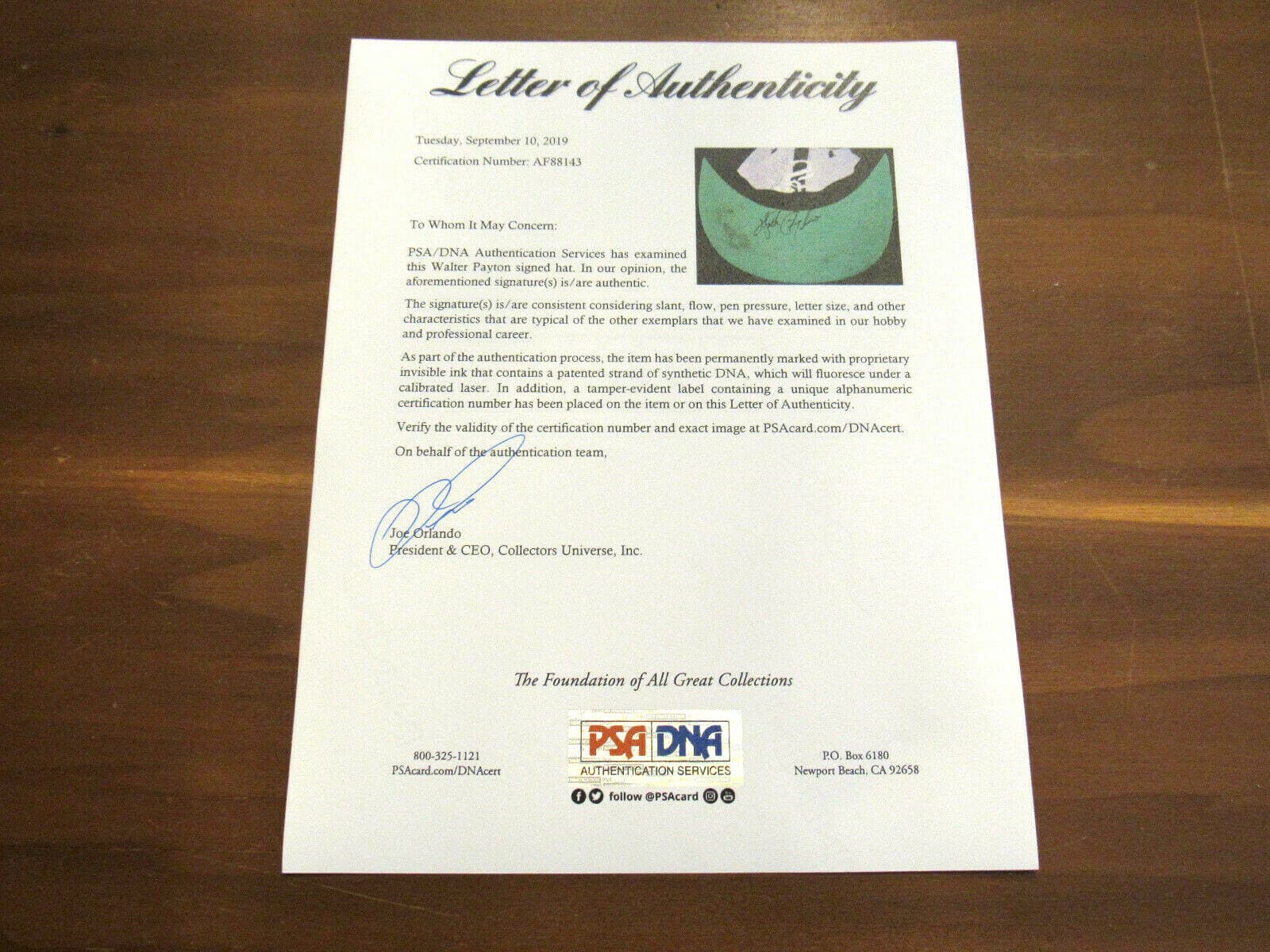 WALTER PAYTON CHICAGO BEARS HOF SIGNED AUTO WHITE SOX CAP HAT PSA/DNA LETTER 5