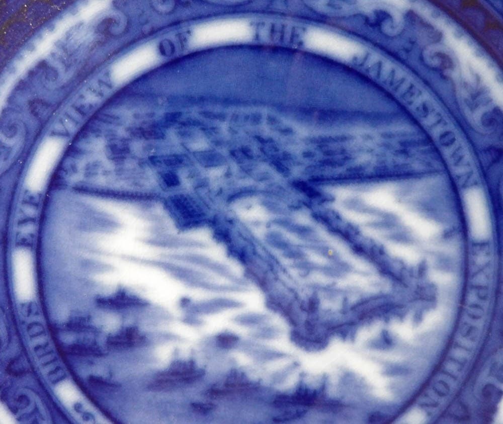 1907 Royal Stafford. Eng. Flow Blue Bird's Eye View Jamestown Exposition Plate 2