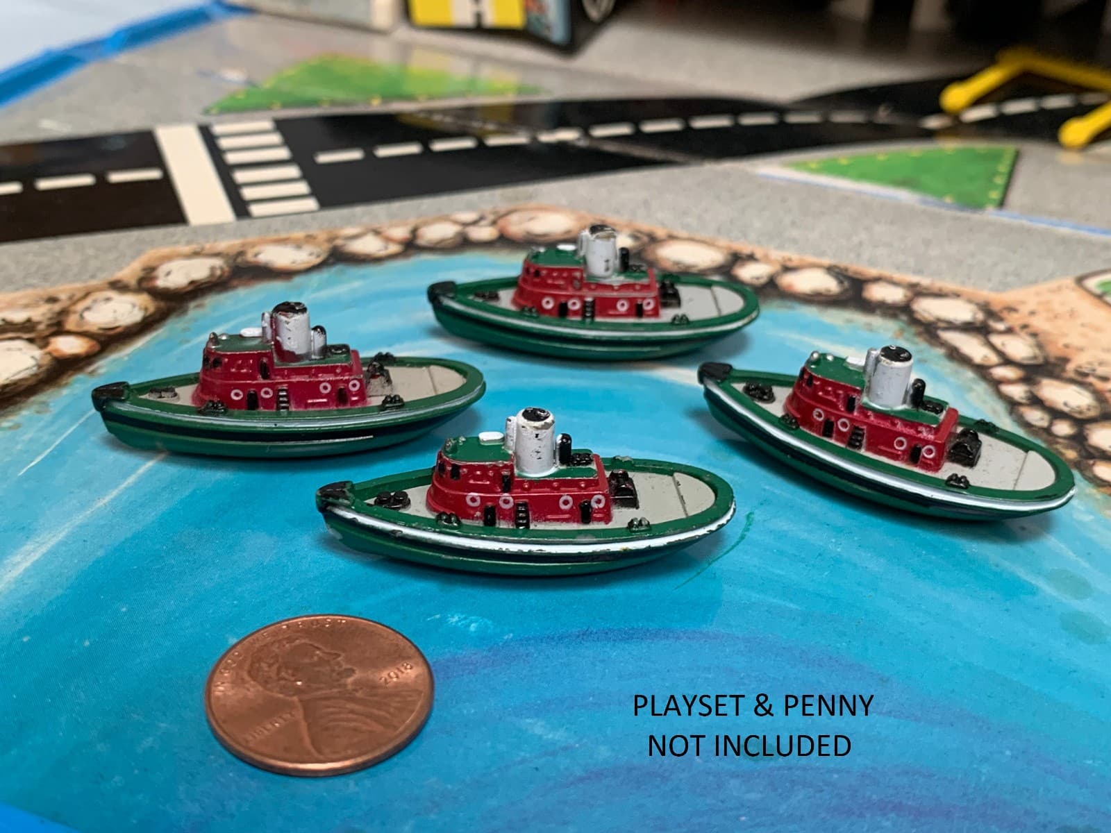 4 1987 VINTAGE 1 1/2" MINIATURE MICRO MACHINES TUG BOATS MARINE TOW GREEN GALOOB 3