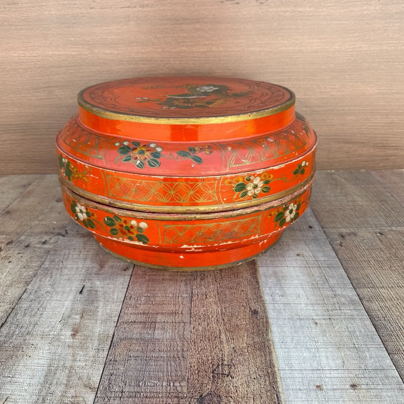 Antique Chinese Red Lacquer Large Round Wedding Box Floral Bird Signed 15.5” D 4