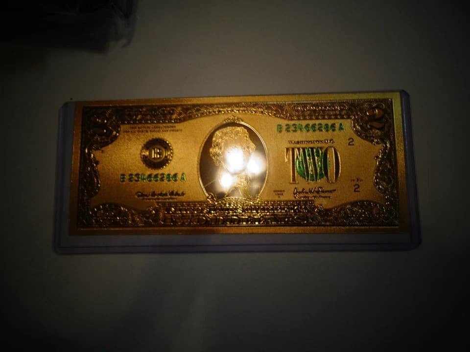 GOLD PLATED 2 DOLLAR USA  NOTE-GREEN SEAL-EACH IN RIGID PVC BILL HOLDER,NEW ITEM 5