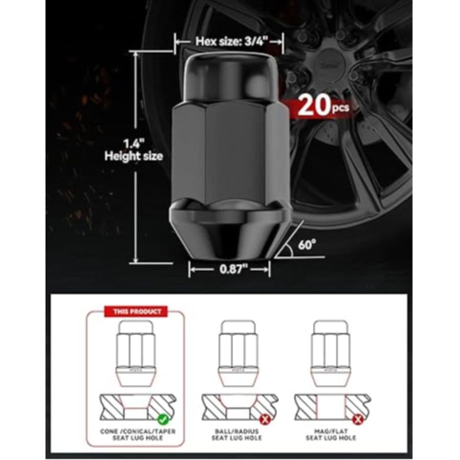 M12x1.5 Lug Nuts Set, 1.4 inch Tall Acorn Bulge Aftermarket Wheel Lug Black 3