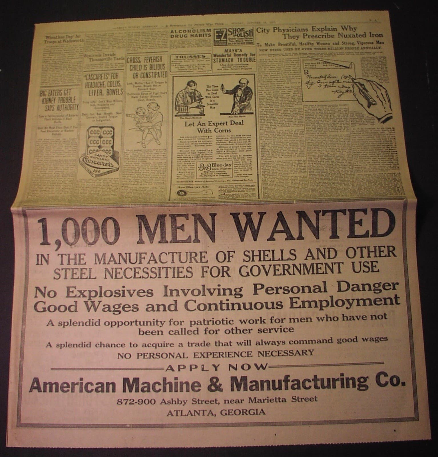 1917 ad - American Machine & Mfg. ATLANTA - munitions workers needed World War I 2