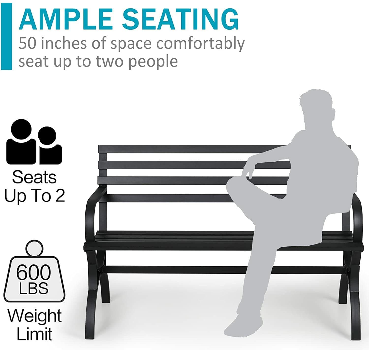 Outdoor Bench Metal Patio Chair Porch Garden Park Path Deck Seating Black 3