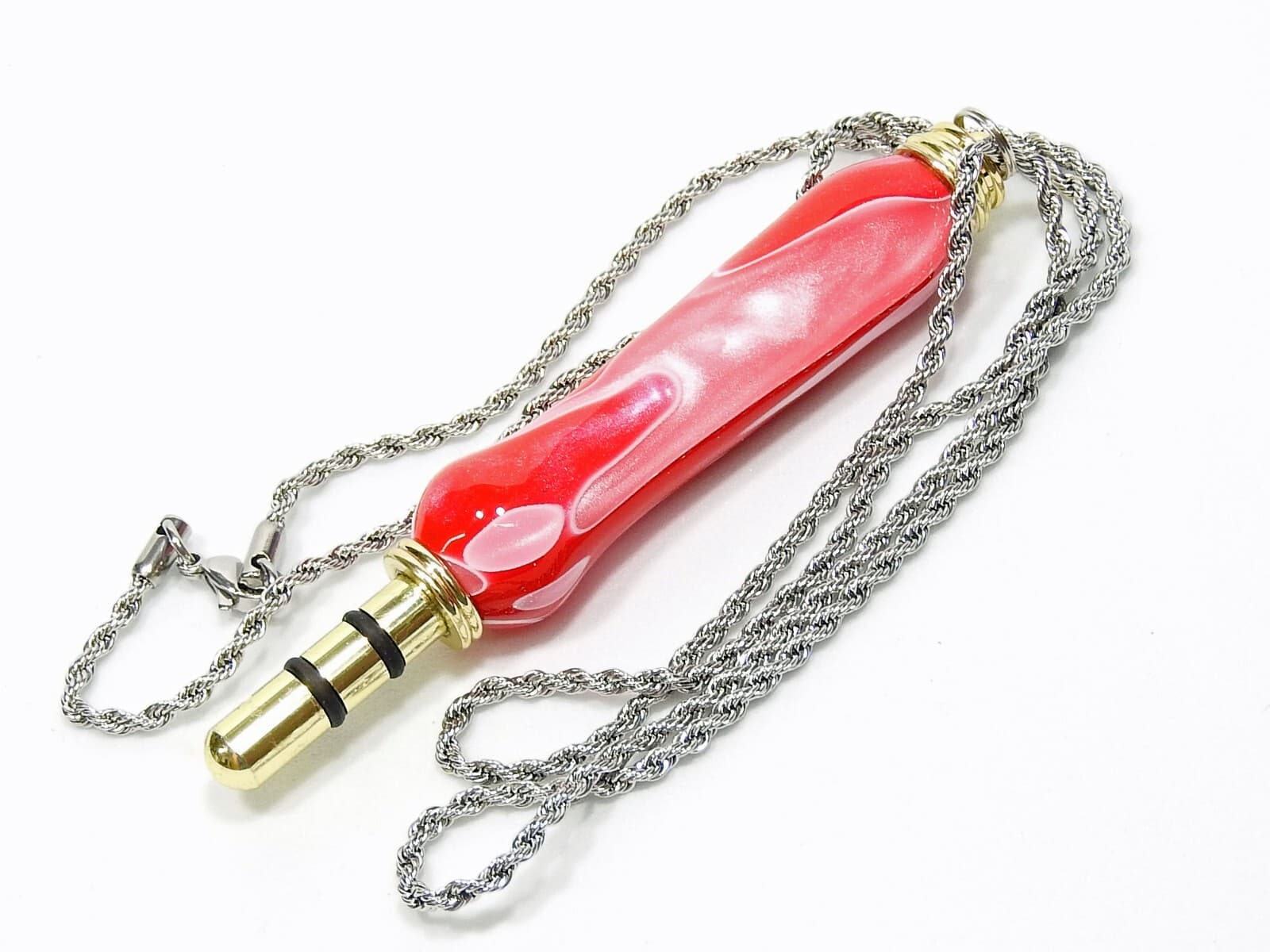 Handmade Seam Ripper Necklace w/ Stiletto, Rose Pink White Garnet Swirl Acrylic 3