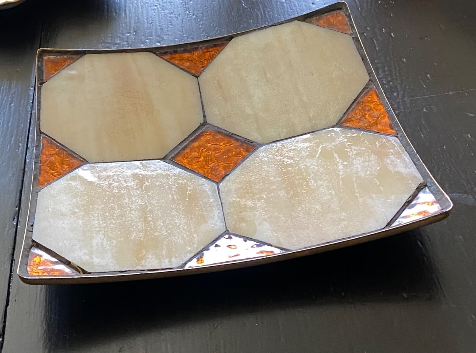 MCM Serving Dish Tray Platter Stained Glass Metal Geometric Decor 4