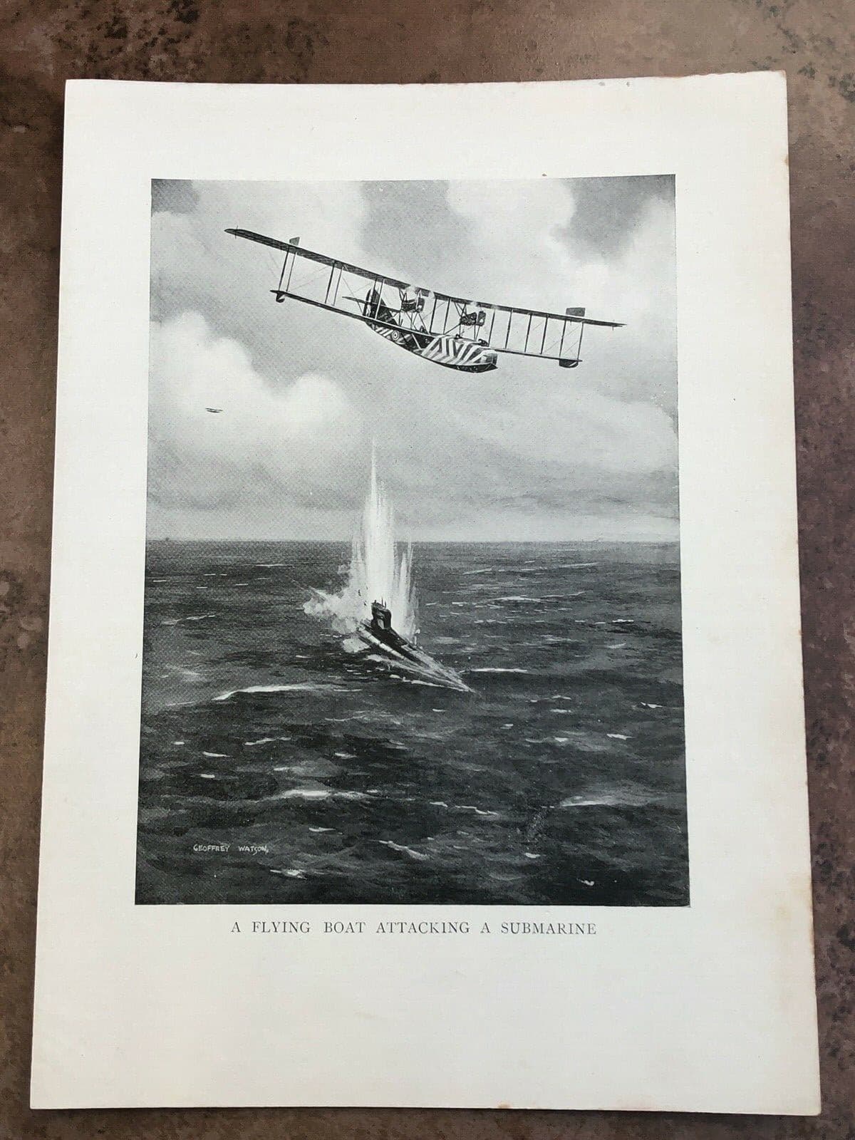 ww1  aeroplane print - a flying boat attacking a submarine 