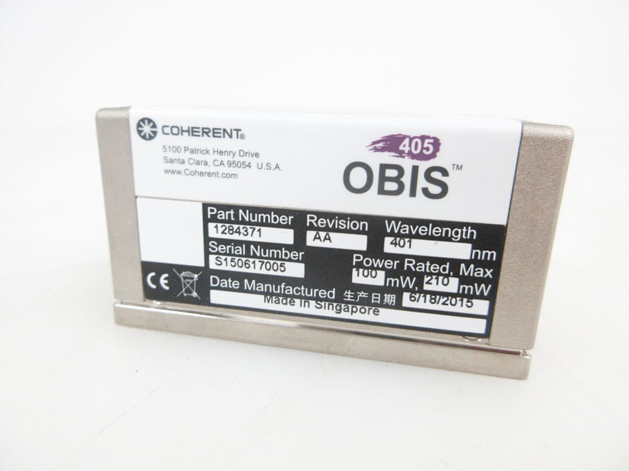COHERENT OBIS 405 1284371 405NM LX LASER OUTPUT POWER: 100 mW 3
