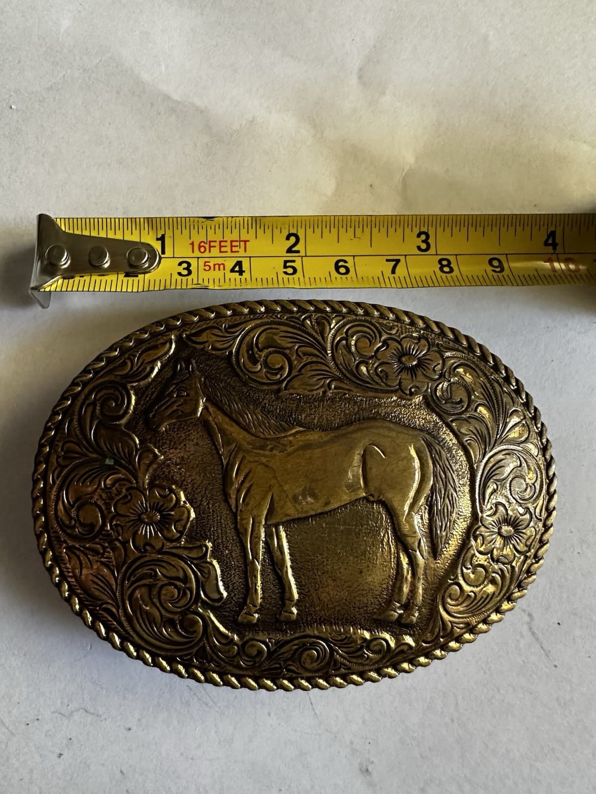 VTG Crumrine Horse Western Cowboy Gold & Silver Belt Buckle Paint Pinto USA 70's