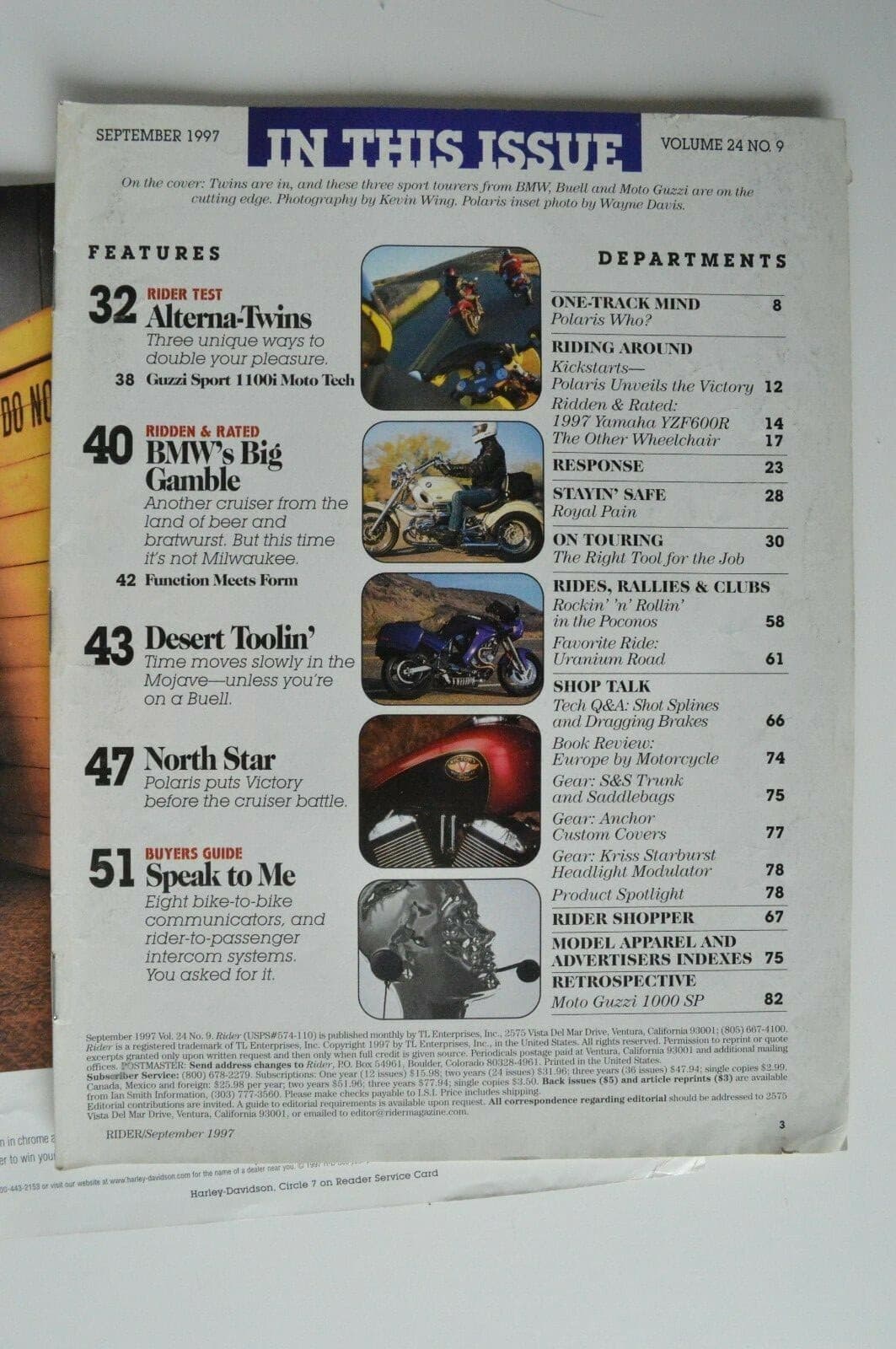 RIDER September 1997 Moto Guzzi Sport 1100i Buell S3 Thunderbolt BMW R1100RS 3