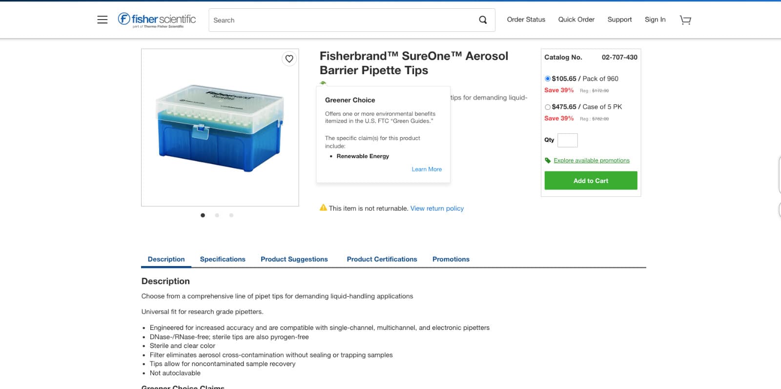 Fisherbrand SureOne Filter 20-200 μL 960/Box  Pipet Tip 02-707-430 (Promo Price) 4