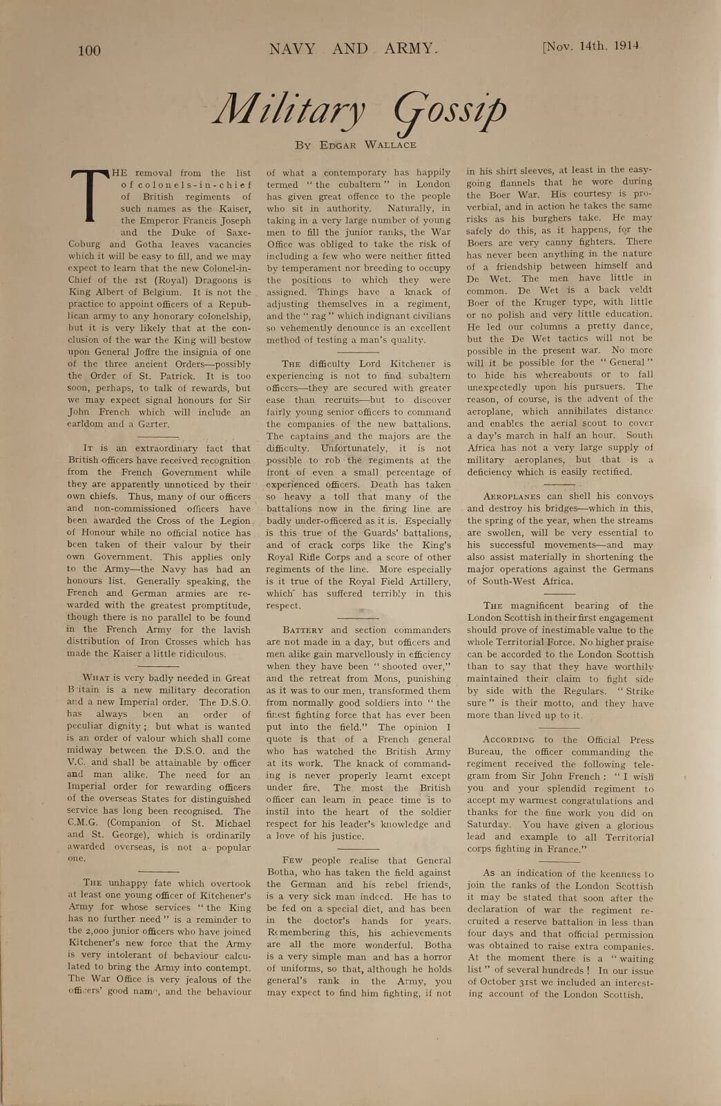 1914 WW1 PRINT MILITARY GOSSIP NAVY & ARMY ARTICLE BRITISH EMPIRE