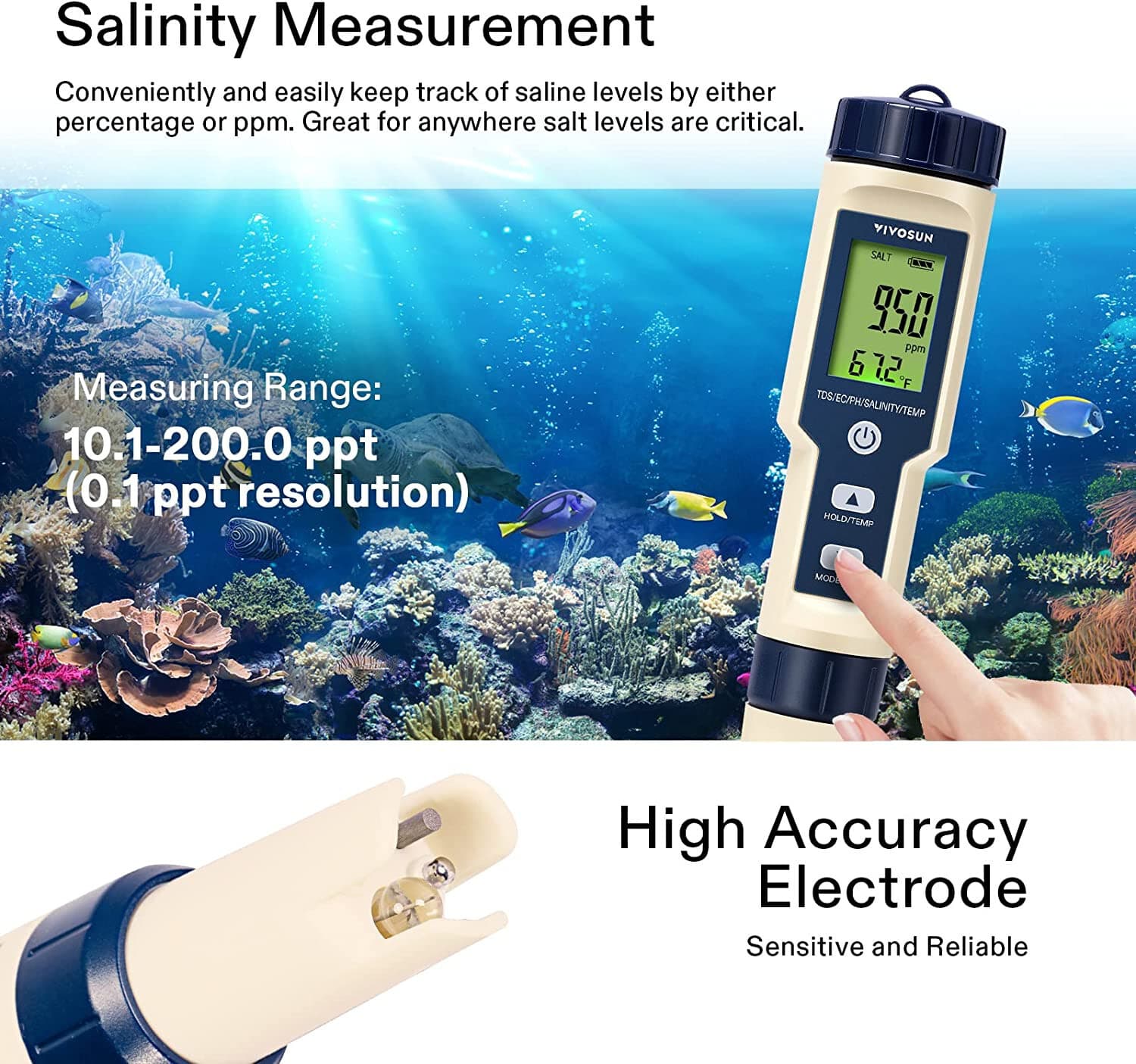 VIVOSUN 5 in 1 LCD Digital PH/TDS/EC/Salinity/Temperature Meter Tester Pen 5