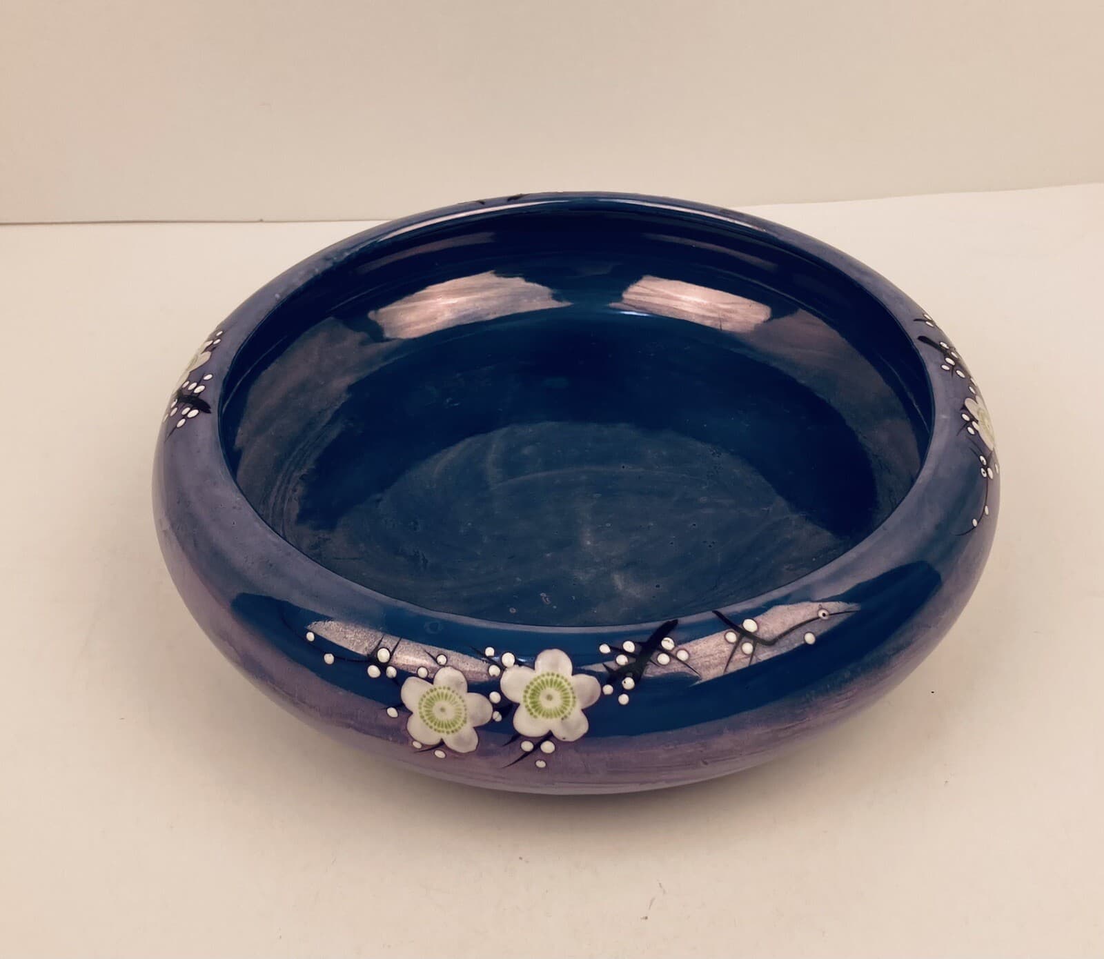 Japanese Shallow Pottery Bowl Blue Opalescent No Chips Flowers 8.5"AcrossX2.5"