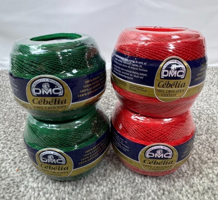 4 DMC Cebelia Crochet Cotton Thread Balls No 30 50g (2) 666 Red & (2) 699 Green