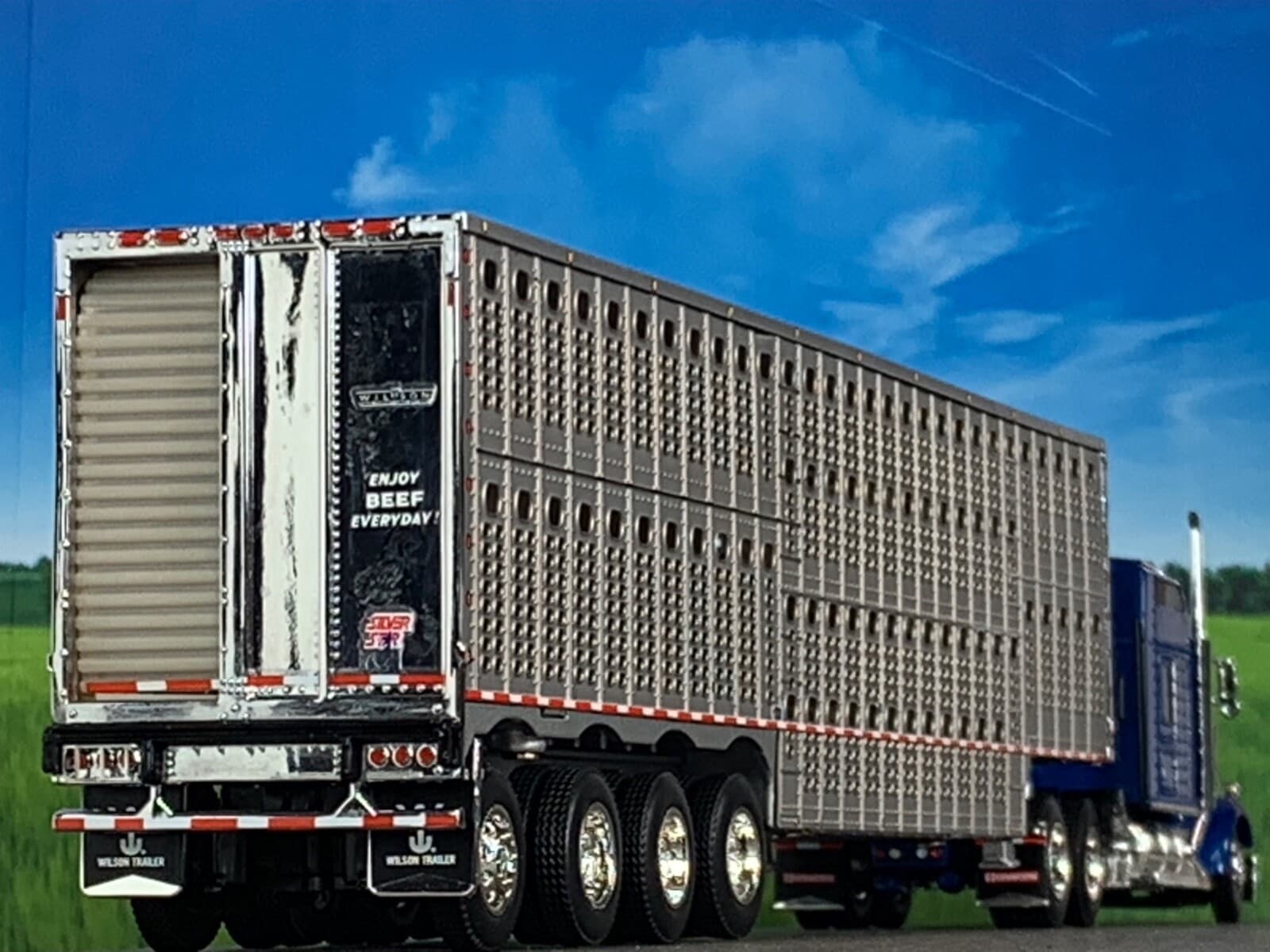 1/64 DCP KENWORTH W900L W/ 86" STUDIO SLEEPER & WILSON QUAD AXLE CATTLE TRL 2