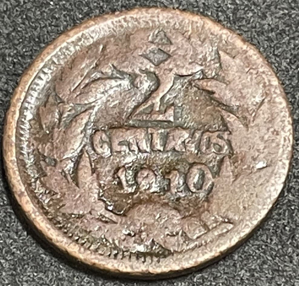 1910 Honduras 2 Centavos Error 2/1 Bronze Rare Coin