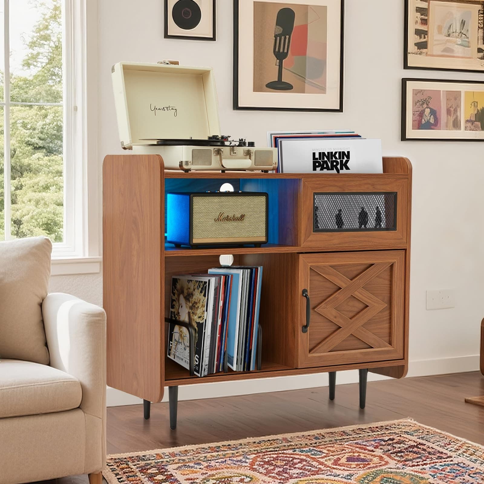 Modern Vinyl Record Player Stand with Built-in Charging Hub & RGB Lighting 5