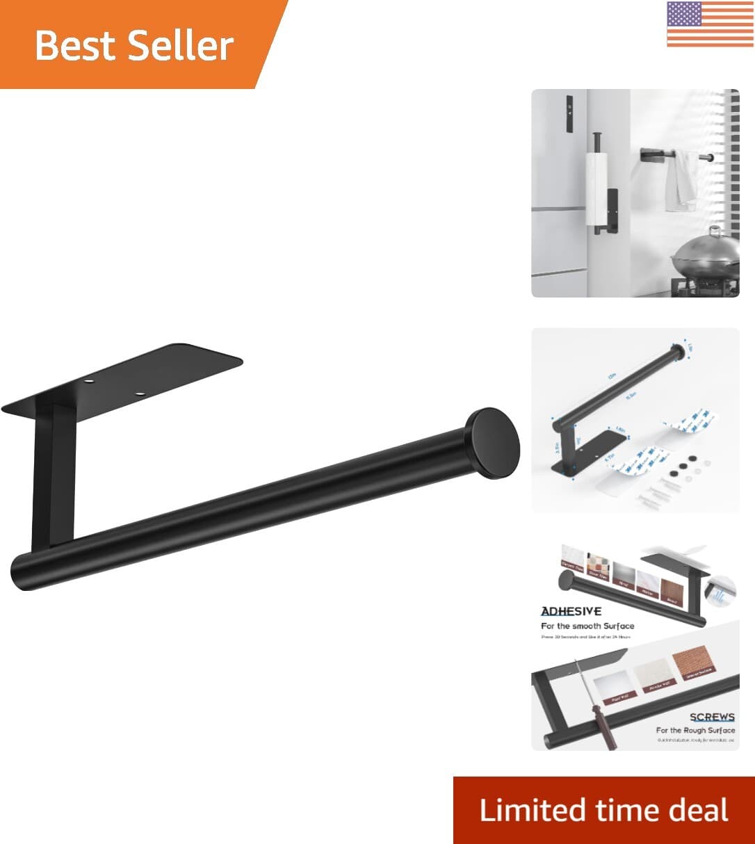 Self-Adhesive Paper Towel Holder Under Cabinet - Matte Black Stainless Steel 2"