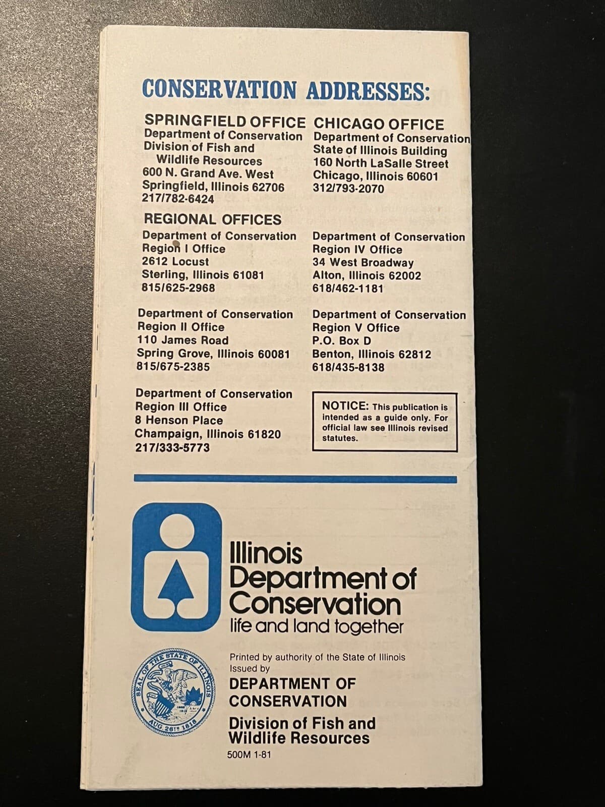 Vintage 1981 Illinois Fishing Information pamphlet  IL Dept of Conservation 2